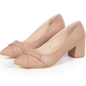 Pointy Toe Slip on Chunky Heel Pumps Nude